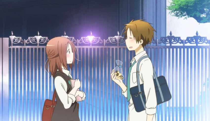 Two anime characters standing in front of a gate.