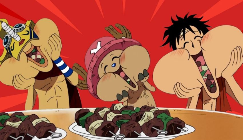A group of cartoon characters eating a plate of food.