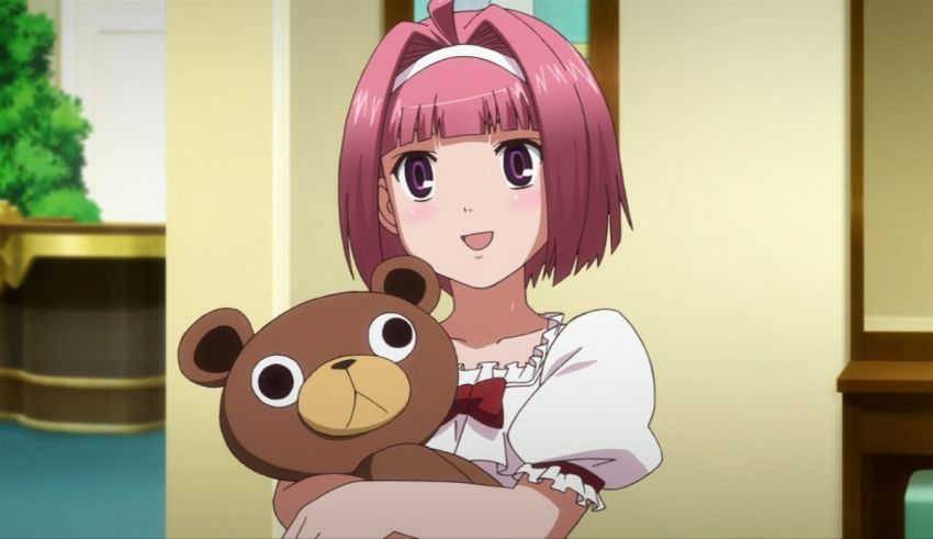 A girl with pink hair holding a teddy bear.