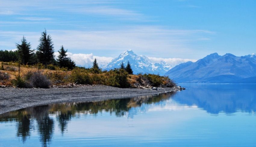 A lake with mountains reflected in it.