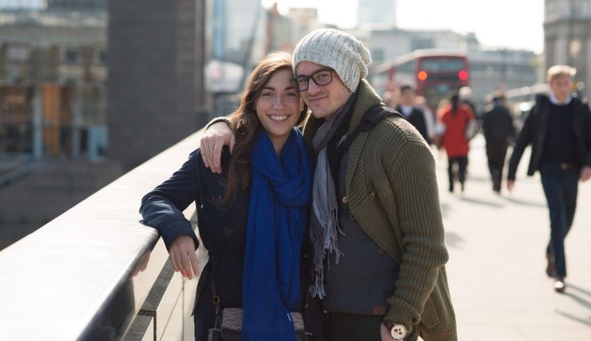 A couple posing for a photo on a bridge in london.