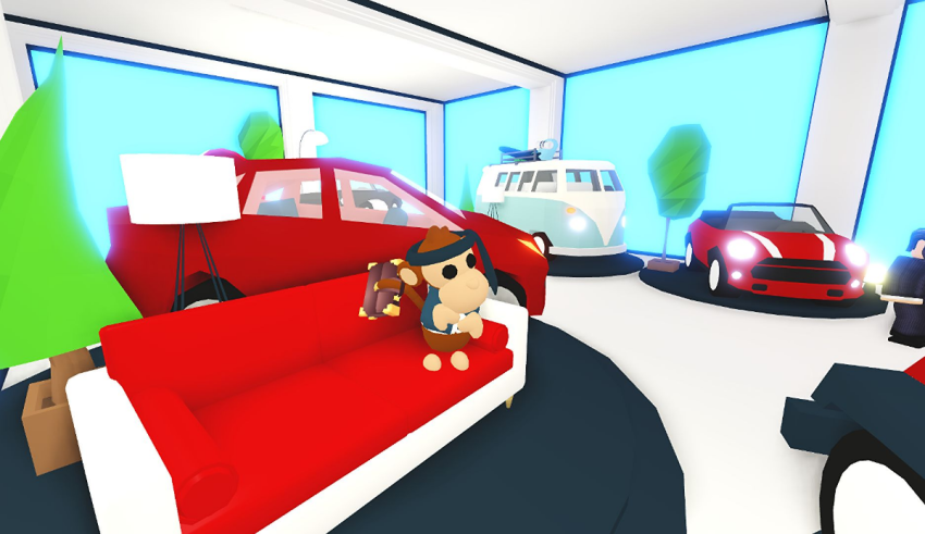 A 3d image of a car showroom with a teddy bear sitting on a couch.