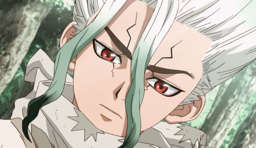 An anime character with white hair and red eyes.