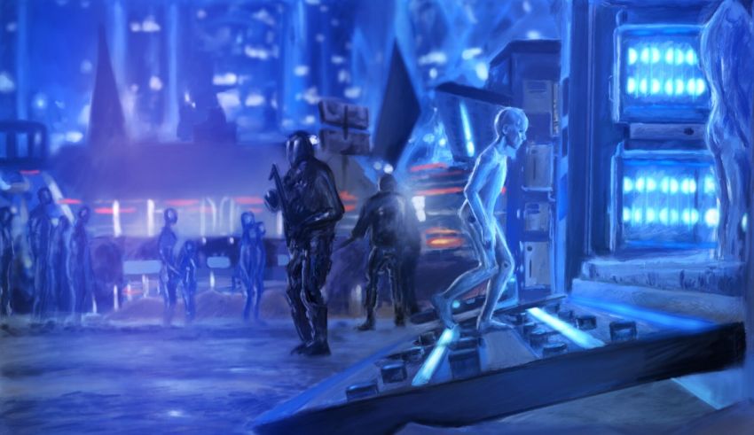 An image of a futuristic city with blue lights.
