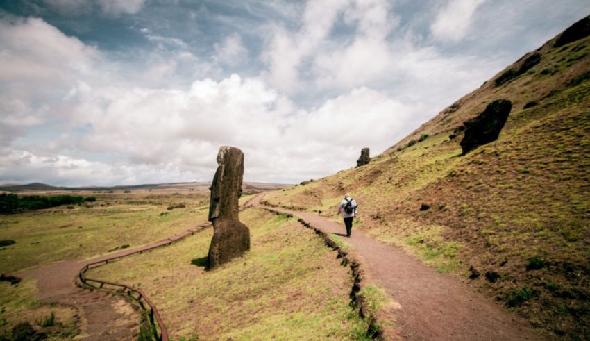 A man is walking down a path with moai statues in the background.