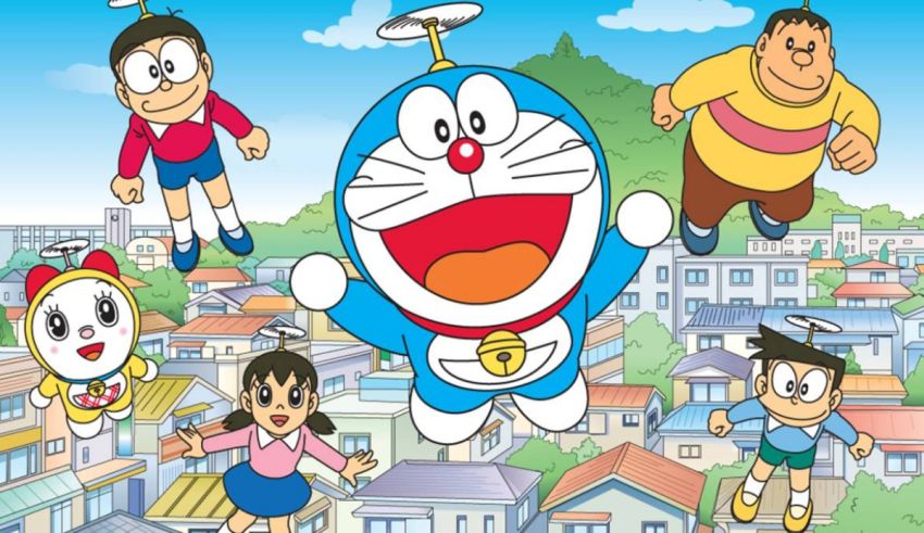 Doraemon cartoon characters flying over a city.