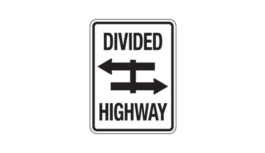 A divided highway sign on a white background.