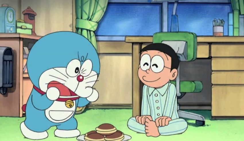 Doraemon is sitting in front of a cartoon character.