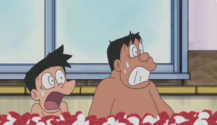 Two cartoon characters are sitting in a bathtub with flowers.