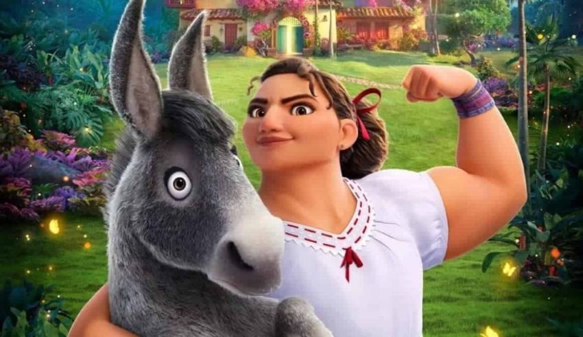 A girl is holding a donkey in a movie poster.