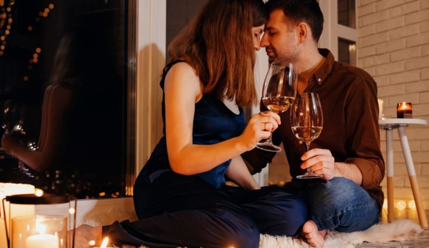 A couple sitting on the floor with wine glasses in front of candles.