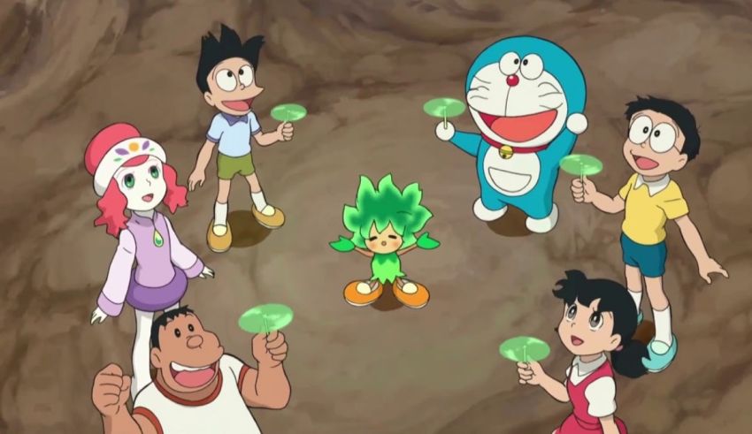 A group of doraemon characters in a cave.