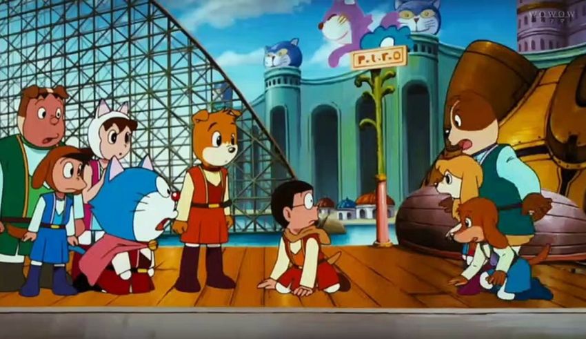 A group of cartoon characters standing in front of a castle.