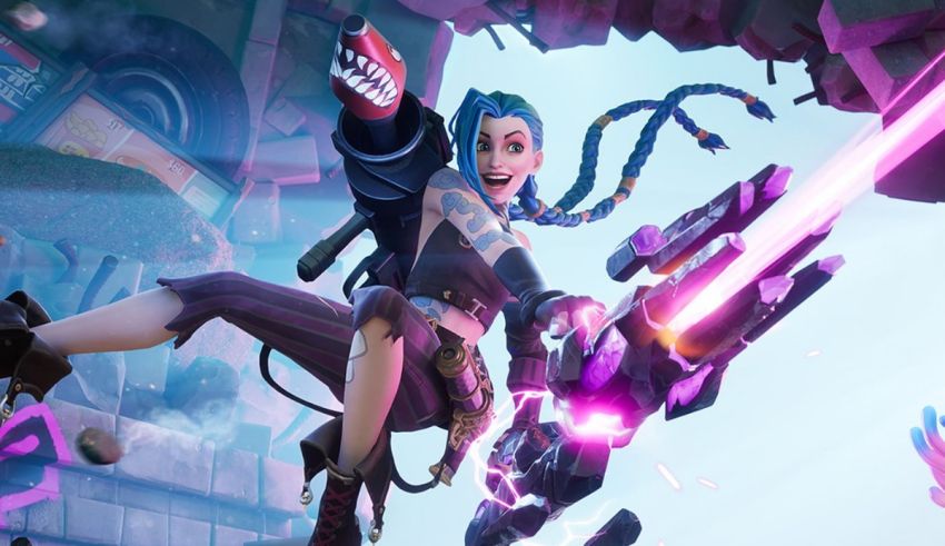 A girl with blue hair is holding a gun in fortnite.