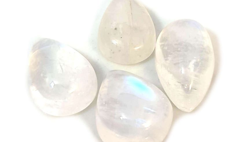 Four white moonstones on a white surface.