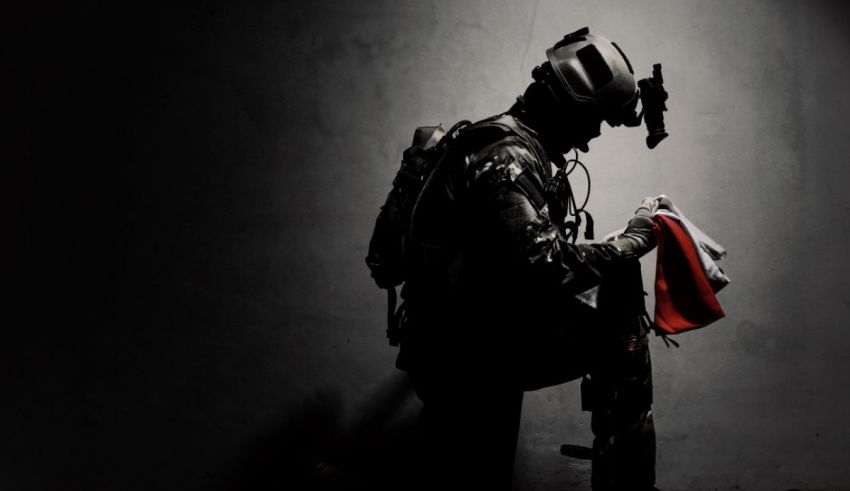 A silhouette of a soldier holding a flag in the dark.