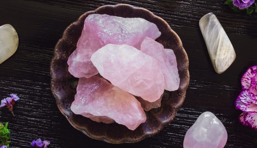 Pink rose quartz and purple flowers on a wooden table.