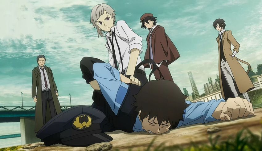 A group of anime characters laying on the ground.