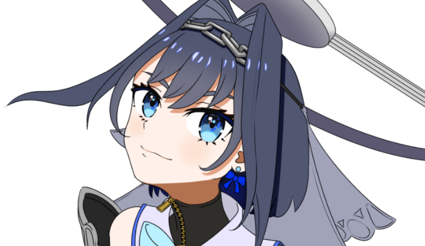 An anime girl with blue eyes holding a sword.