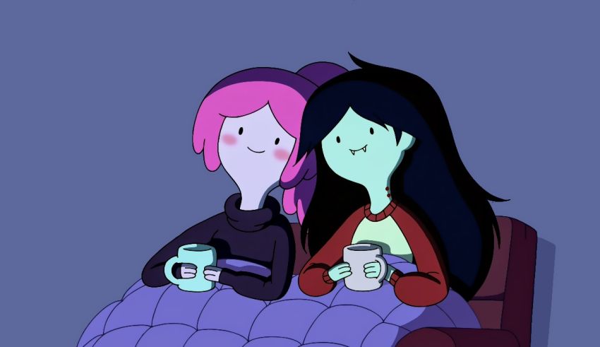 Two cartoon characters sitting on a couch and drinking coffee.