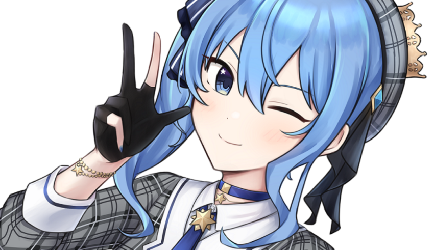 A blue haired anime girl making a peace sign.
