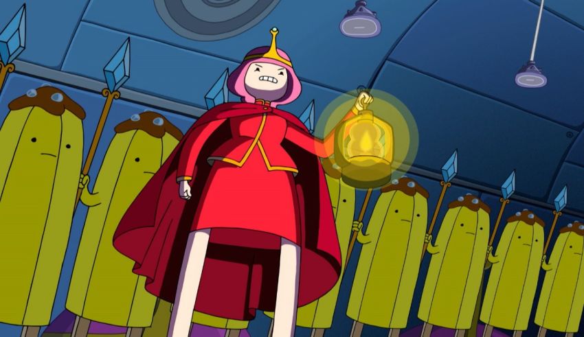 A girl in a red dress is holding a lantern in front of a room full of bananas.