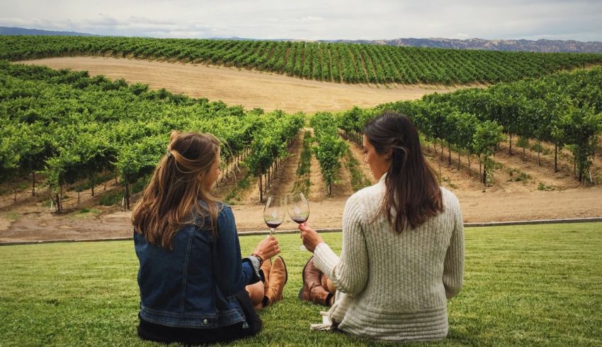 Two women sitting on the grass with wine glasses in front of a vineyard.