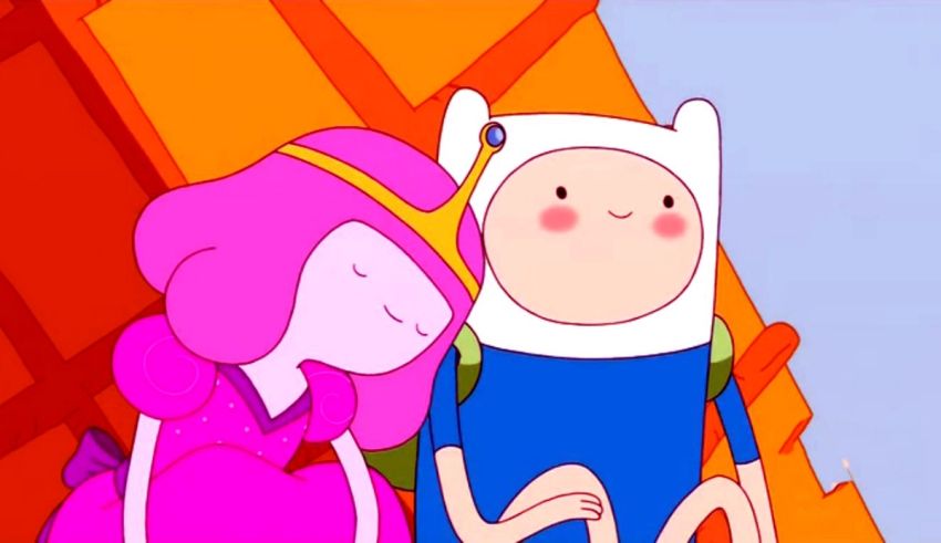 Finn and princess from adventure time sitting on top of a building.