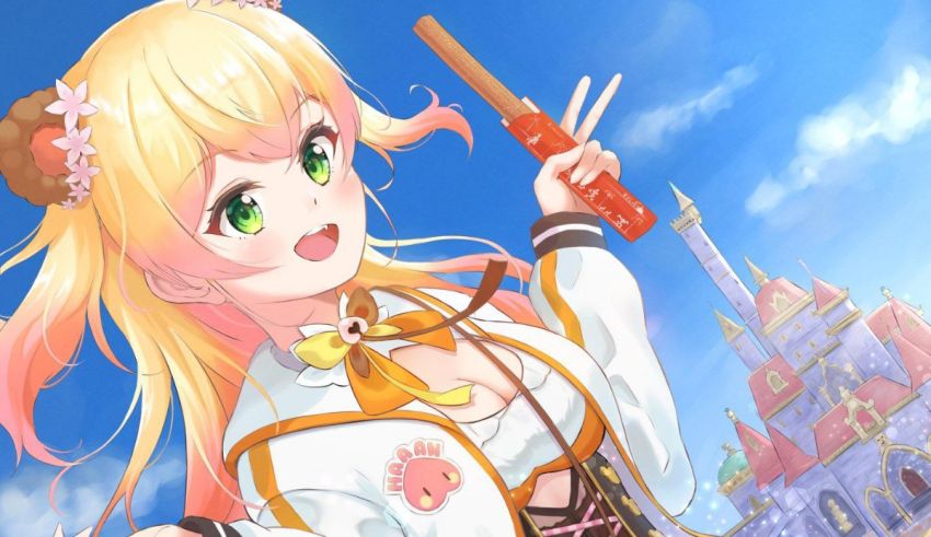 A girl with long blonde hair is holding a sword.