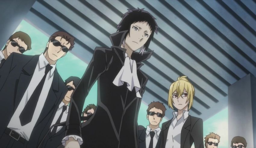 A group of anime characters in suits and sunglasses.