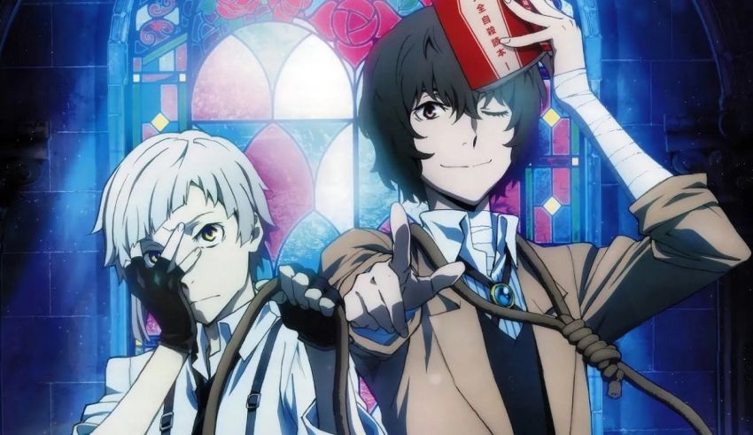 Two anime characters standing in front of a stained glass window.