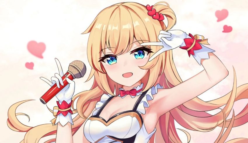 An anime girl with long blonde hair holding a microphone.