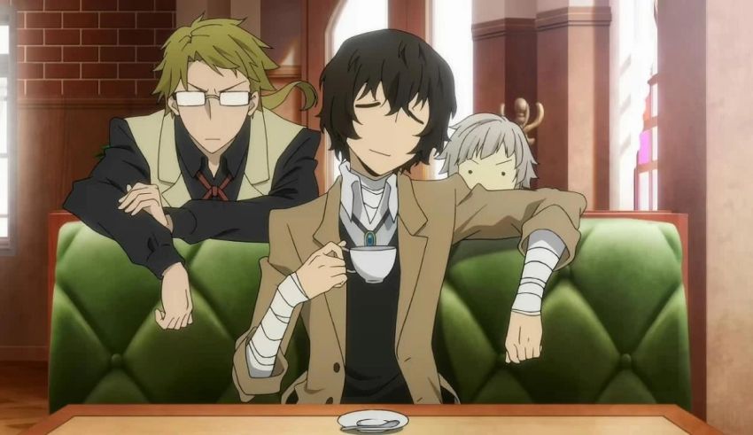 A group of anime characters sitting at a table.