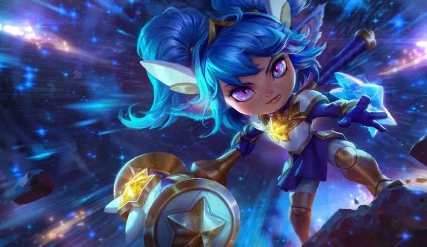 A girl with blue hair is holding a shield in the sky.