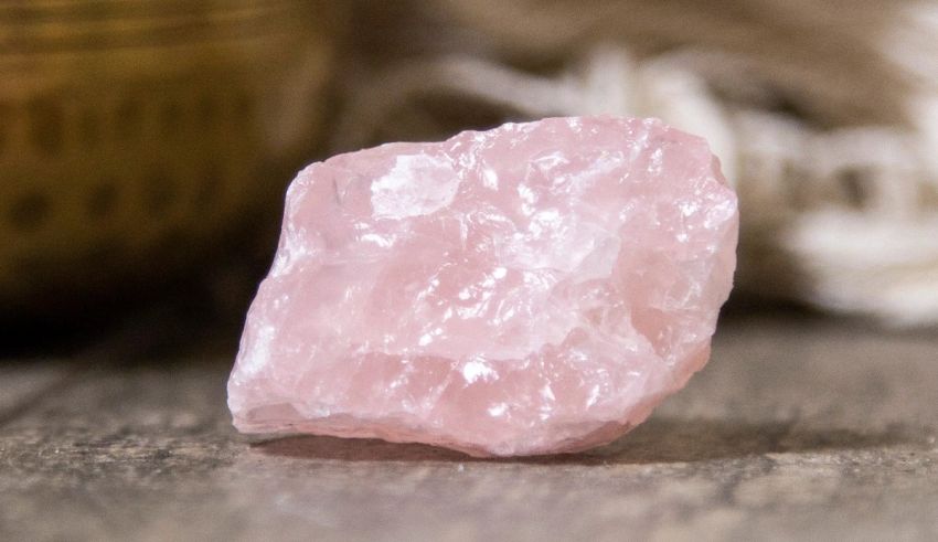 A piece of pink rose quartz on a wooden table.