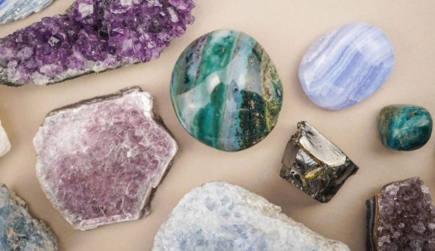 A variety of gemstones are arranged on a table.