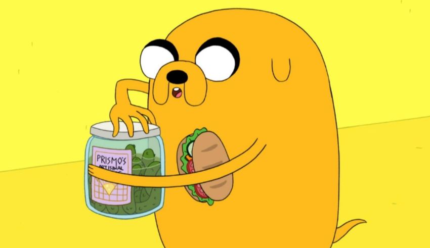 A cartoon dog holding a jar of food.