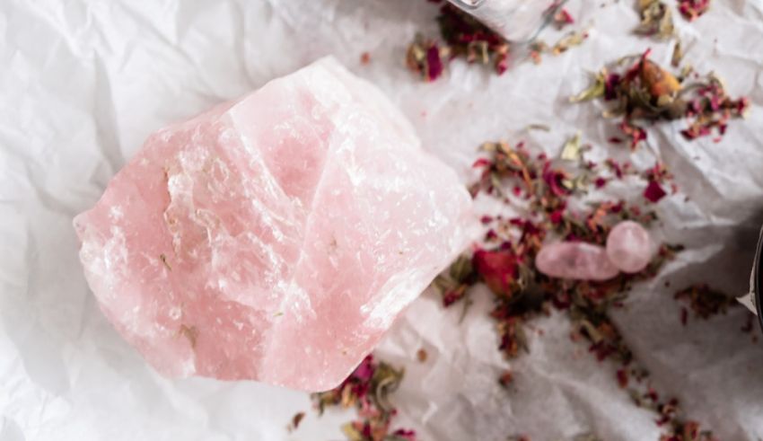 A pink rose quartz on top of a piece of paper.