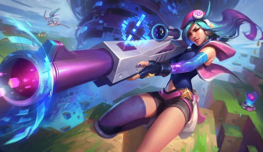 A girl is holding a gun in league of legends.