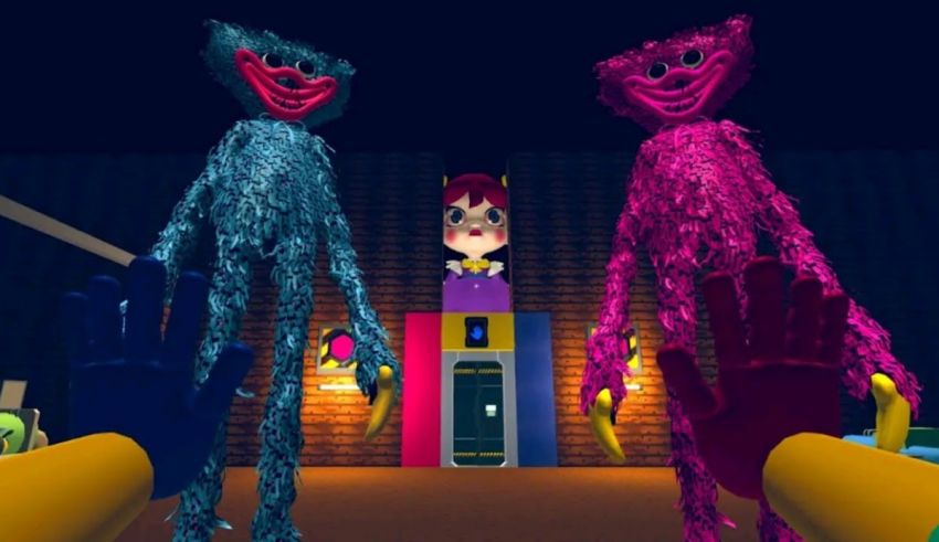 A group of colorful monsters standing in front of a house.