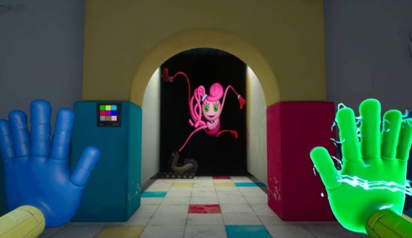 A video game showing a doorway with a neon hand in it.