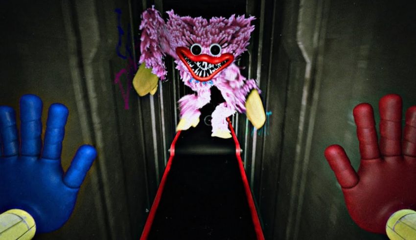 A pink monster with blue and red hands is walking down a hallway.