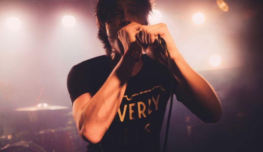 A man singing into a microphone at a concert.