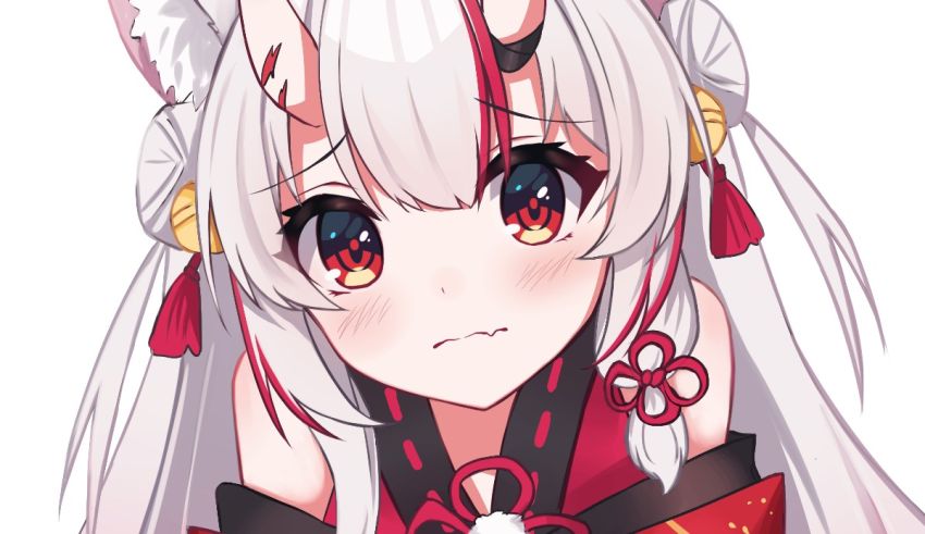 An anime girl with white hair and red horns.