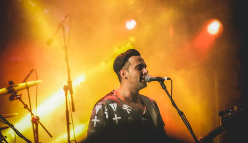 A man singing into a microphone at a concert.