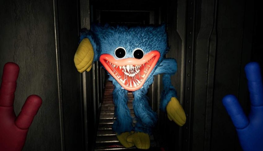A blue and blue stuffed animal is standing in a hallway.