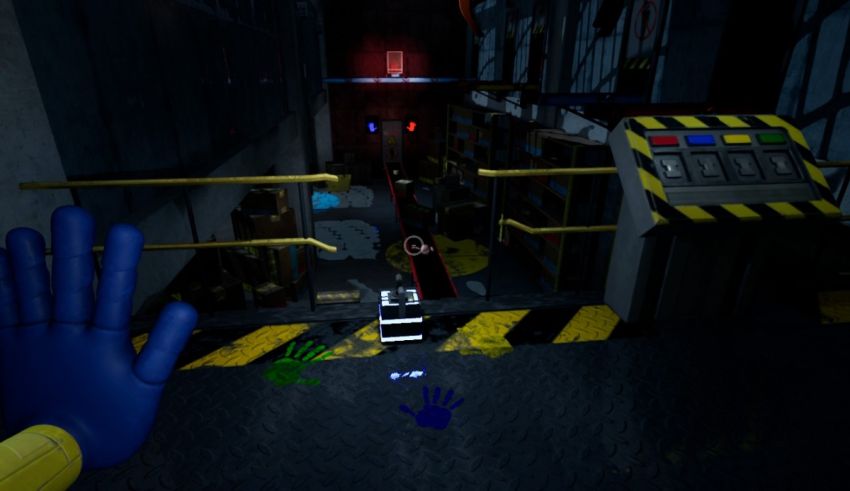 A screenshot of a video game with a blue hand and a blue glove.