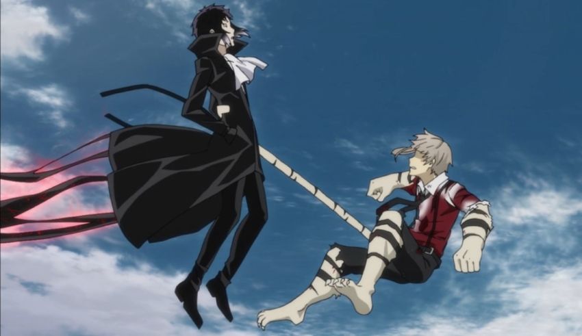 Two anime characters are flying in the sky.