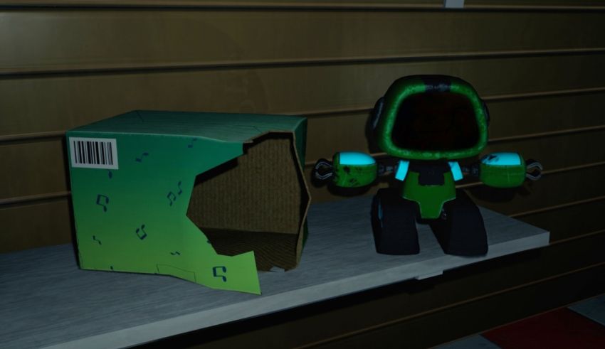 A 3d model of a toy sitting next to a box.