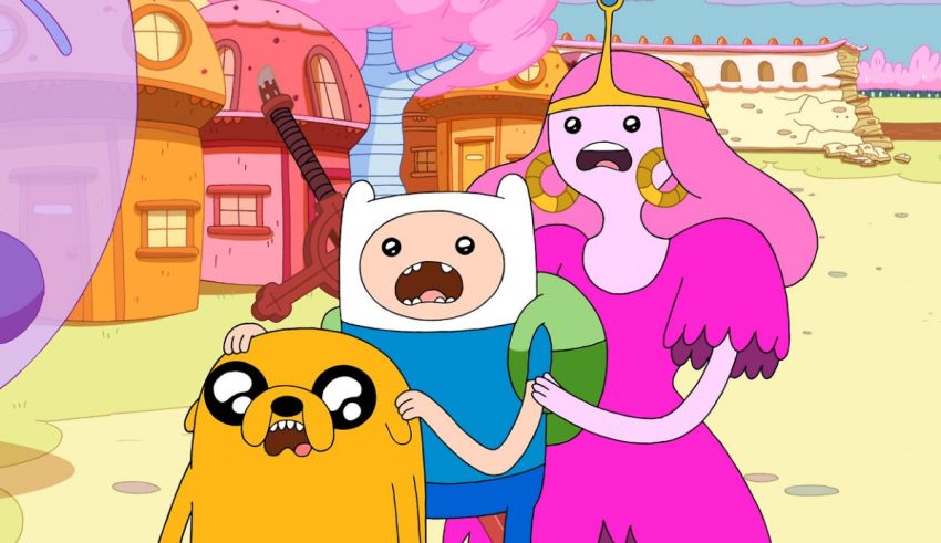 Adventure time finn and finna are standing in front of a city.